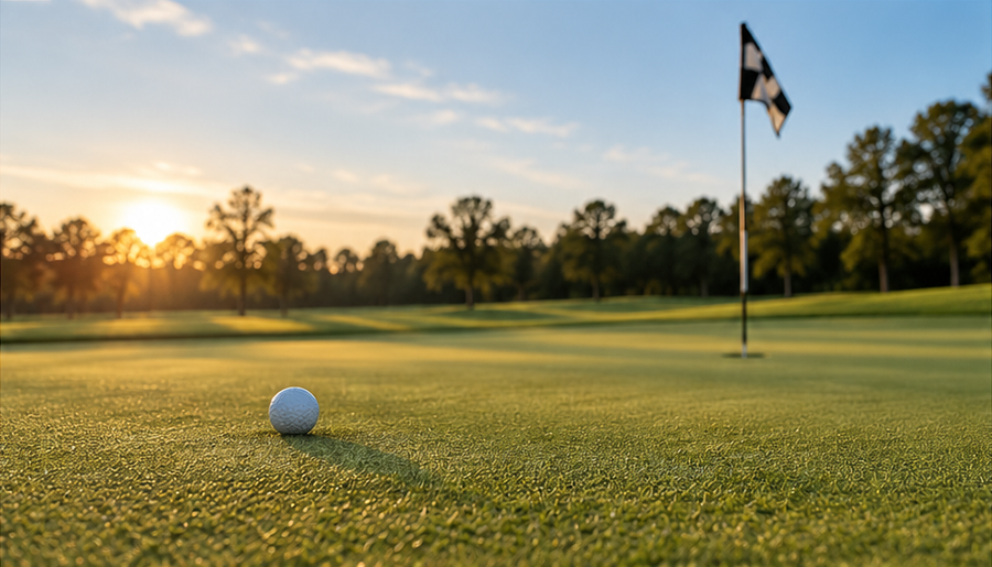 Golf ball on a putting green with a black and white checkered flag at sunset