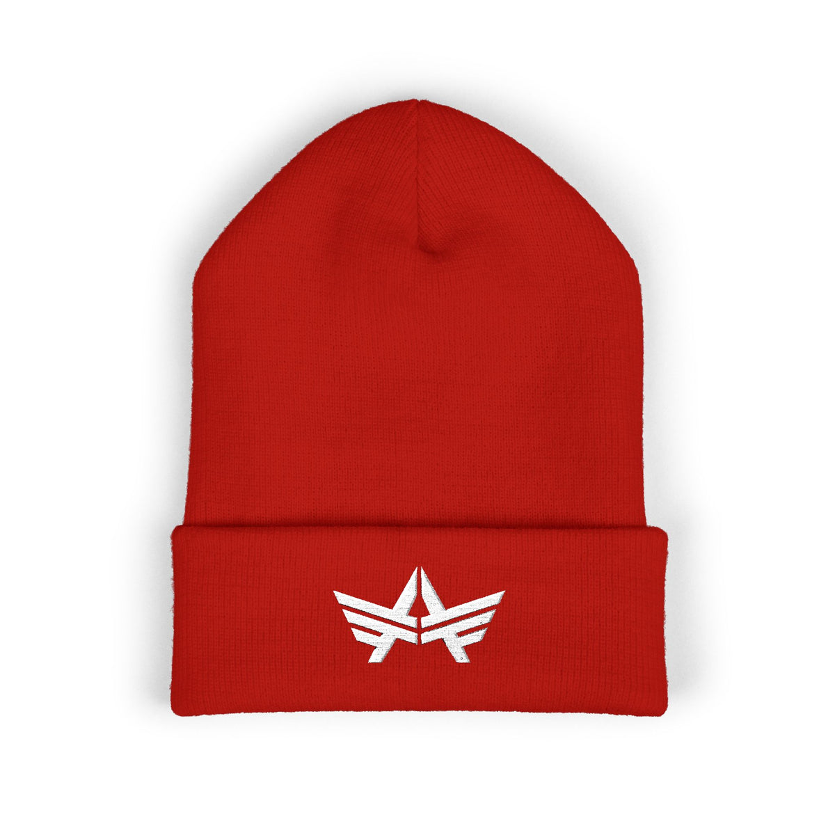 Cuffed beanie with a small embroidered emblem on the front cuff