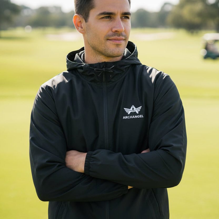 Full-zip windbreaker with hood and side pockets