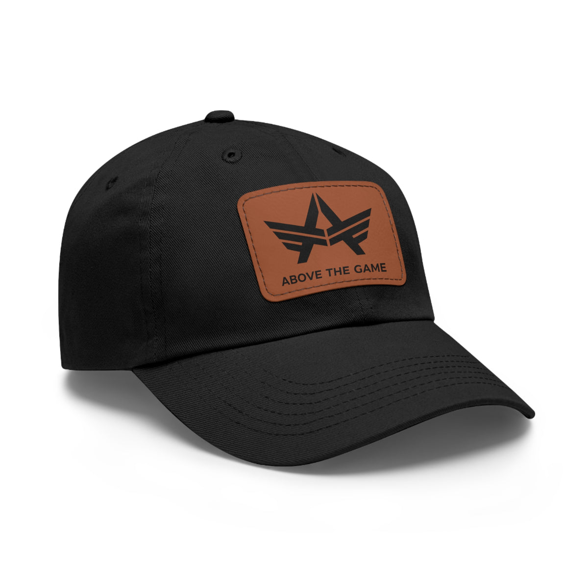 Distressed low-profile dad hat with faux-leather patch and brass buckle