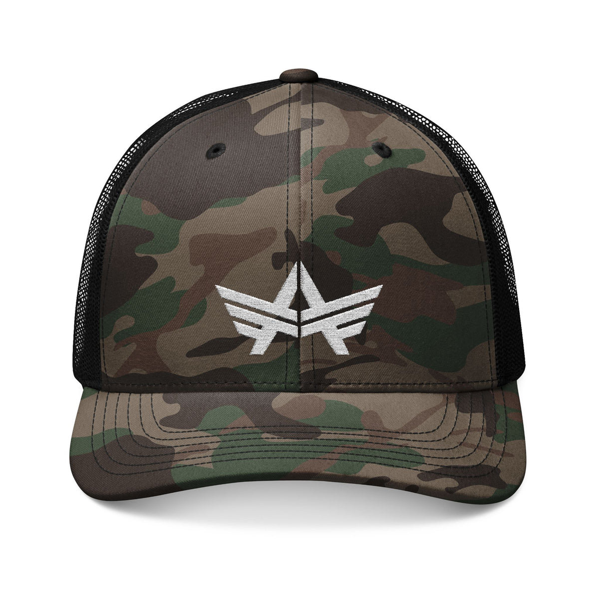 Woodland camouflage trucker hat with embroidered front and mesh back