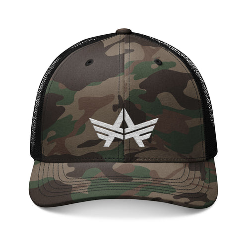 Woodland camouflage trucker hat with embroidered front and mesh back