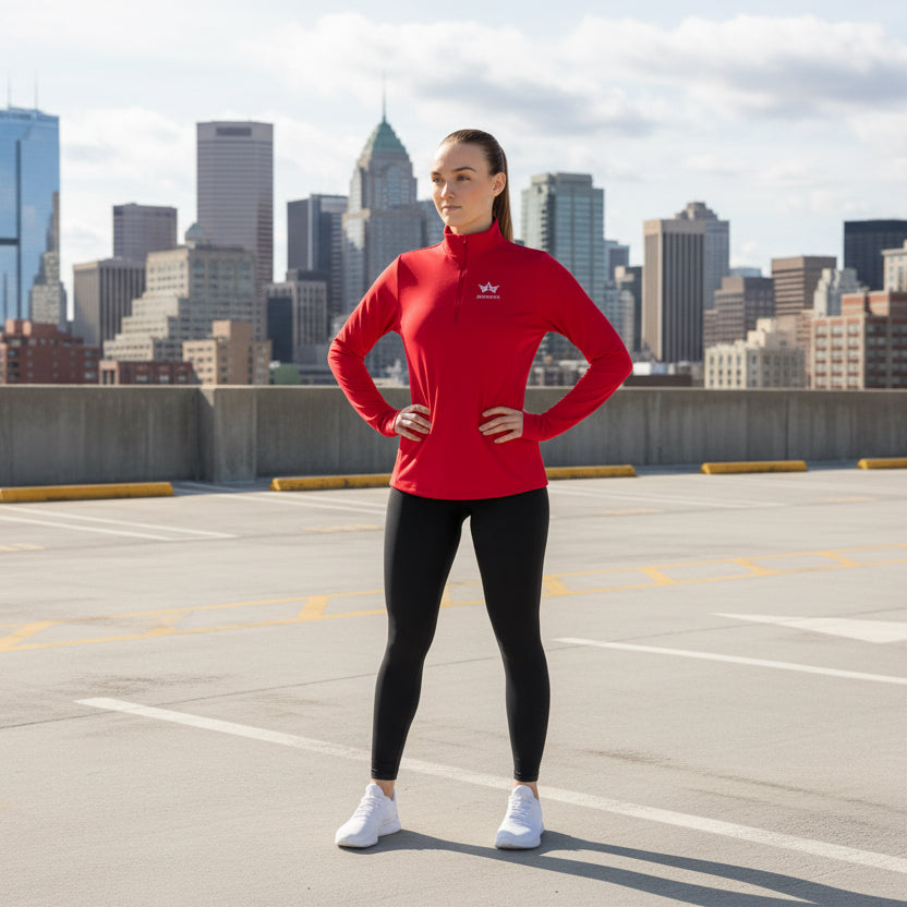 Women wearing a quarter-zip pullover with a cadet collar and drop-tail hem